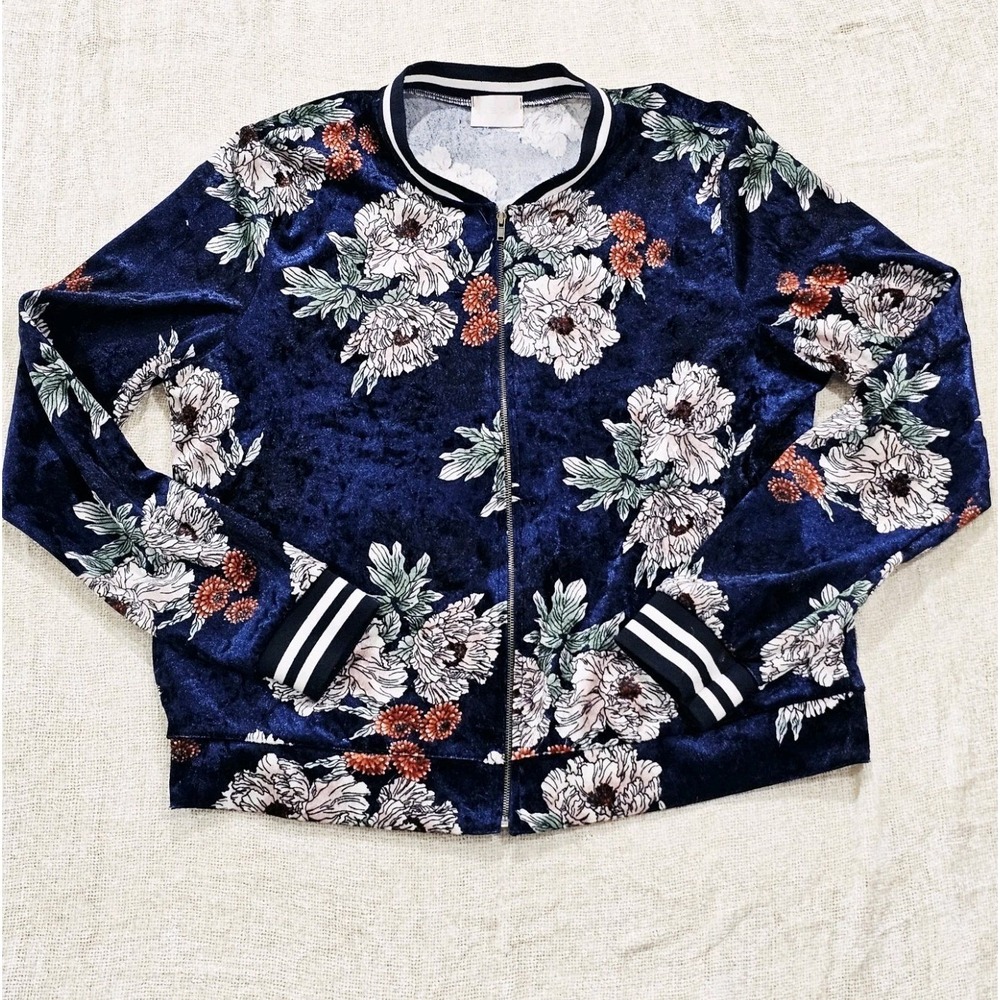 Karlie Women's Large Wildflower Crushed Velvet Lightweight Zip Up Streetwear